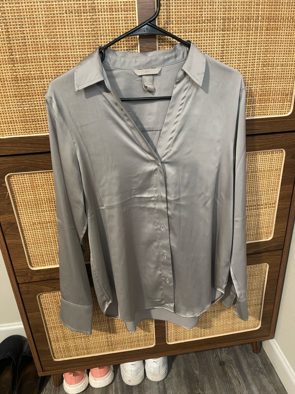 H&M Soft Gray Satin Button-Down Blouse